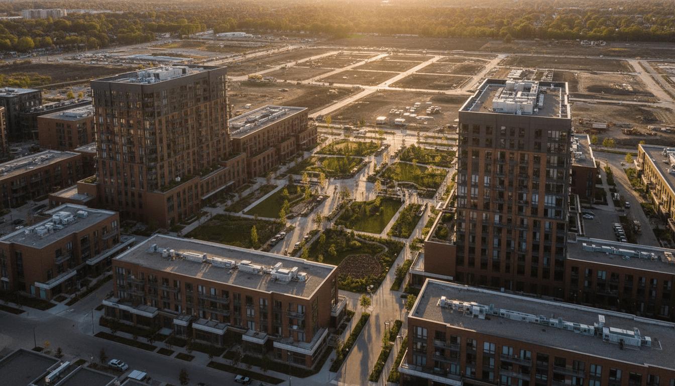 Aerial view of a modern real estate development project showing mixed residential and commercial buildings under construction