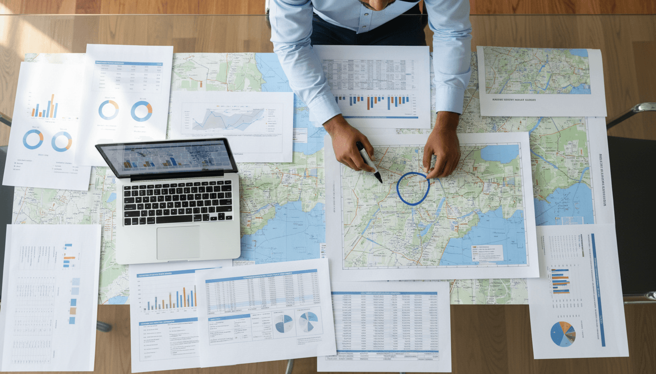 Real estate market analyst reviewing geographic and property data