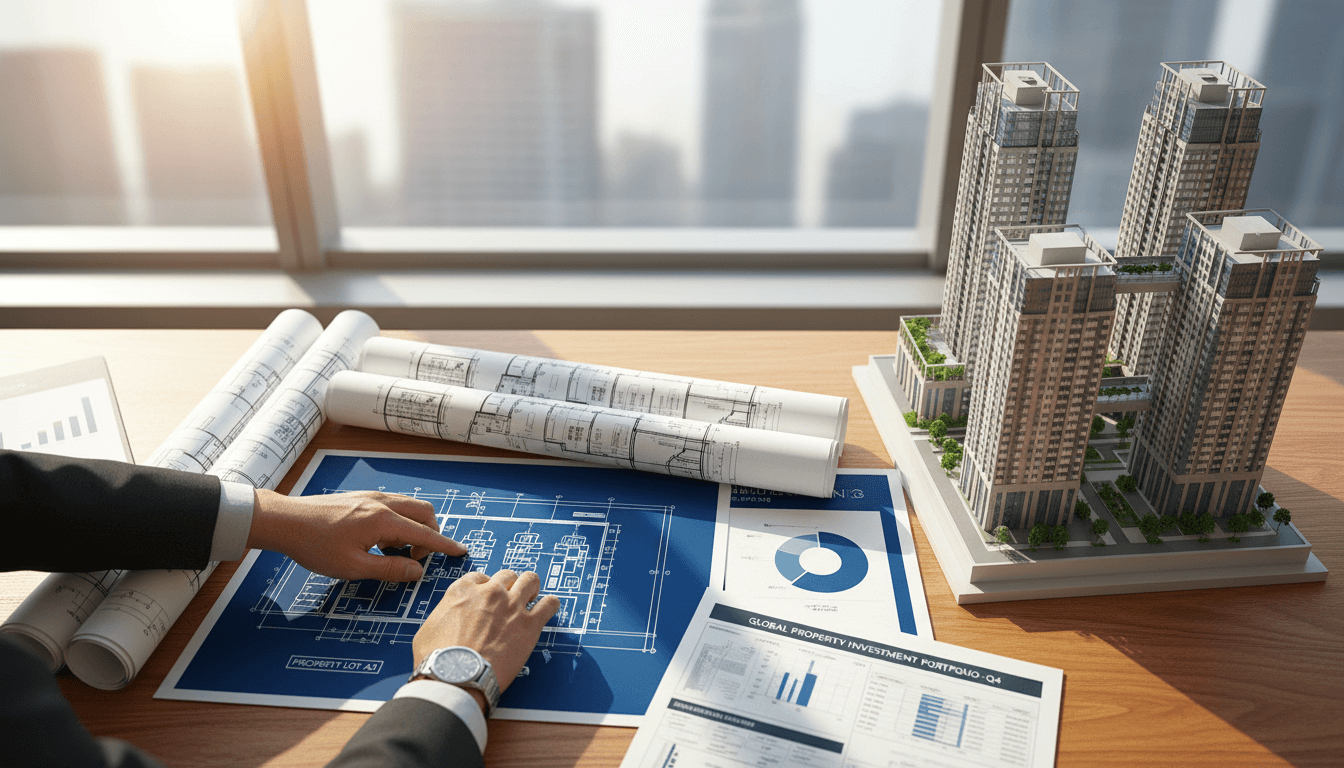 Professional real estate development workspace with blueprints, property models, and investment documents on a desk