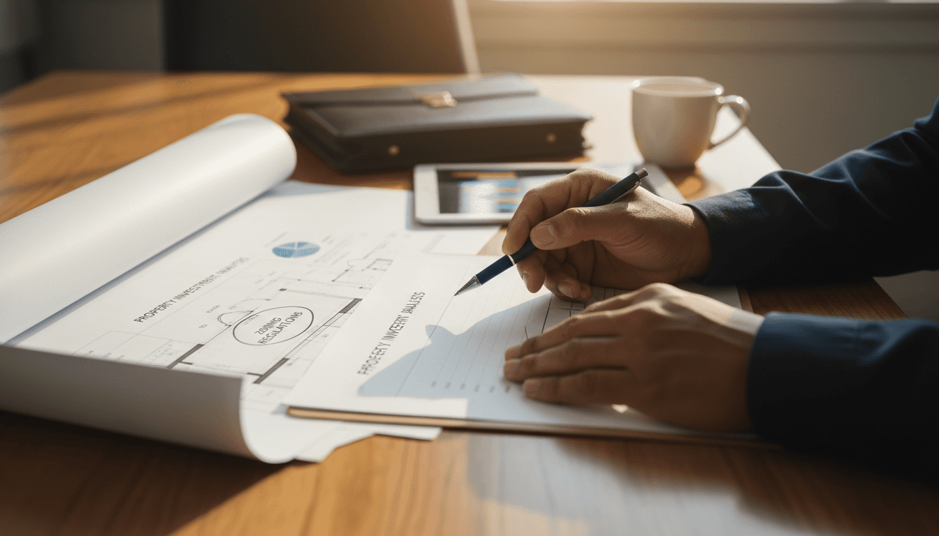 Real estate consultant reviewing investment documents and blueprints