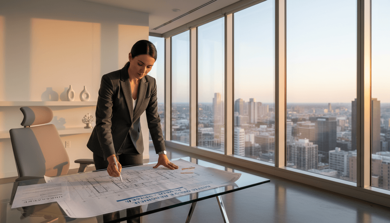 Professional reviewing real estate development plans at modern office workspace