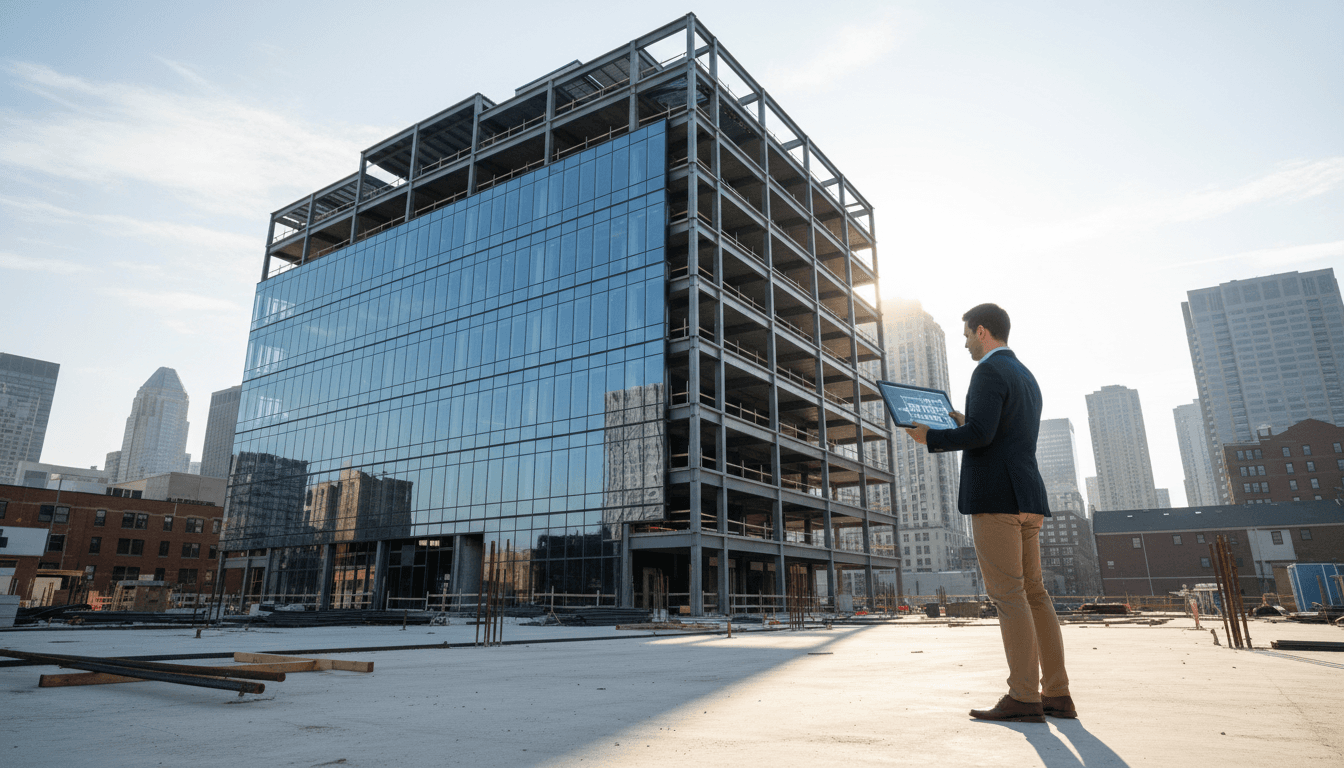 Commercial development project showing modern office building structure