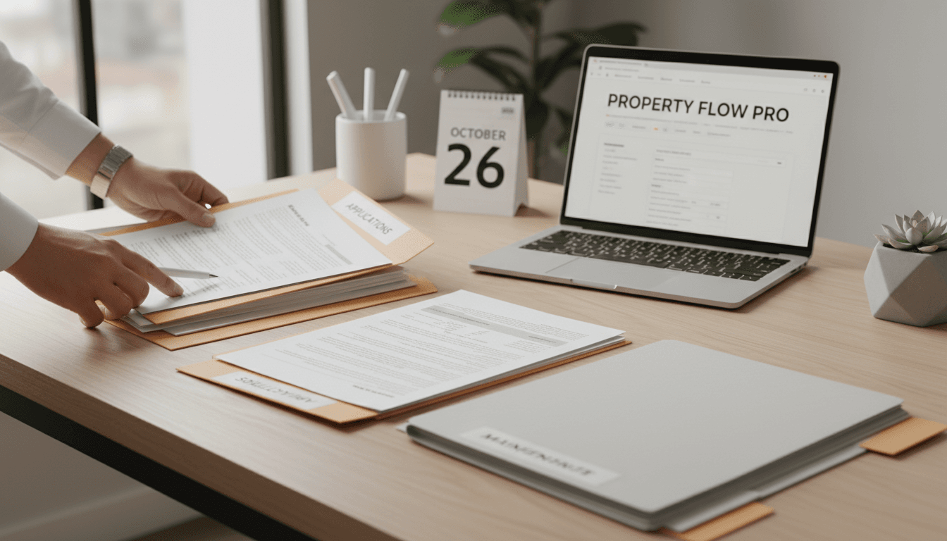 Property manager reviewing tenant documents and maintenance records