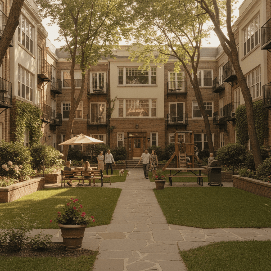 Multi-unit residential complex with landscaped courtyard