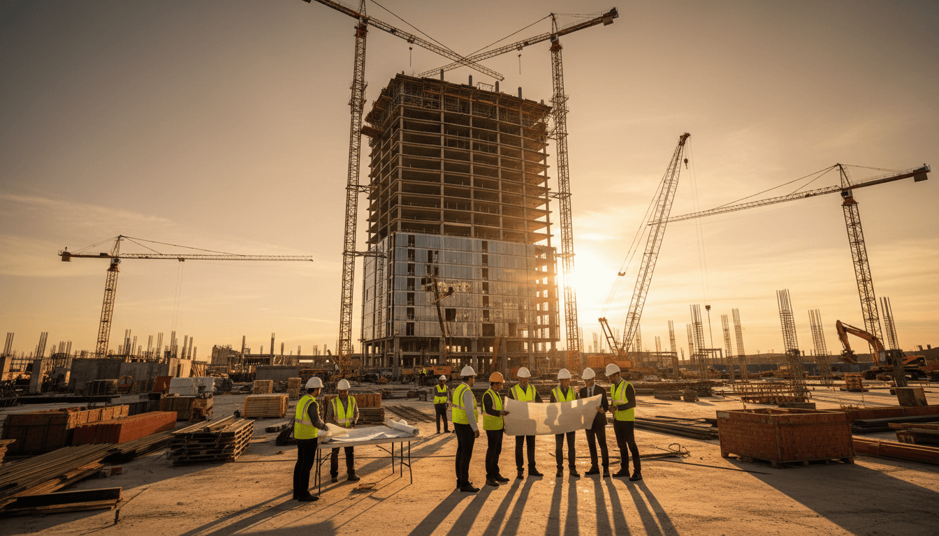 Commercial construction site with steel framework and development team